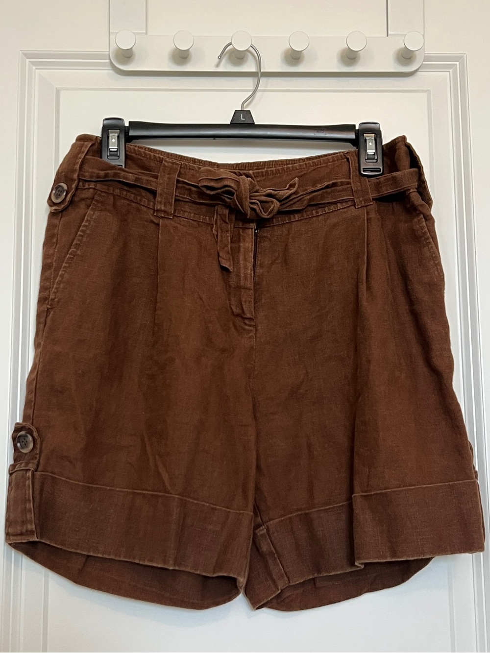 Anne Klein Brown Linen-Blend Tie-Waist Bermuda Shorts
